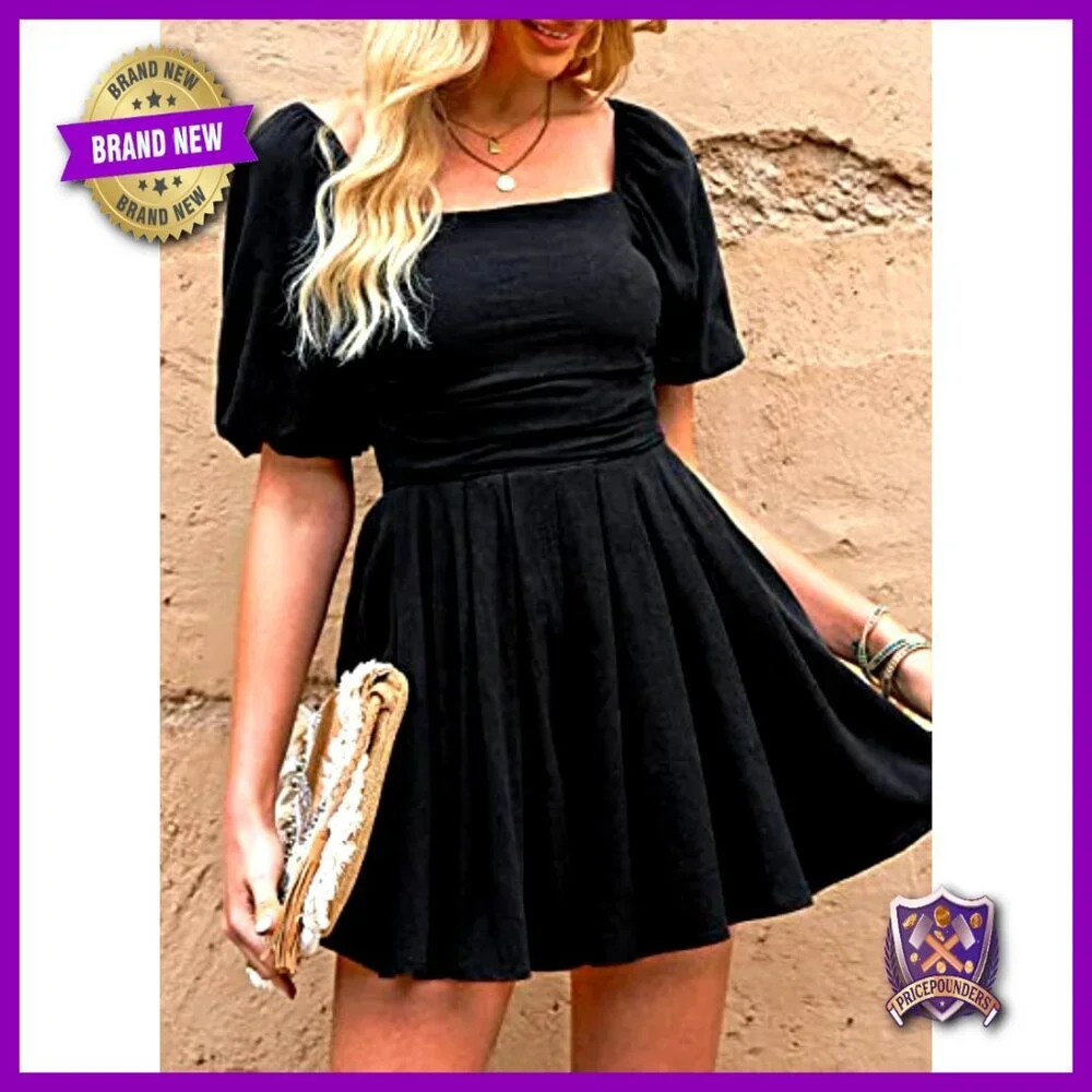 Summer Puff Sleeve Square Neck Romper with Pockets Elastic Waist